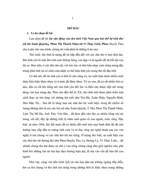 Khoá luận_ Sự vận động của thơ tình VN qua hai thế hệ nhà thơ nữ (từ ...