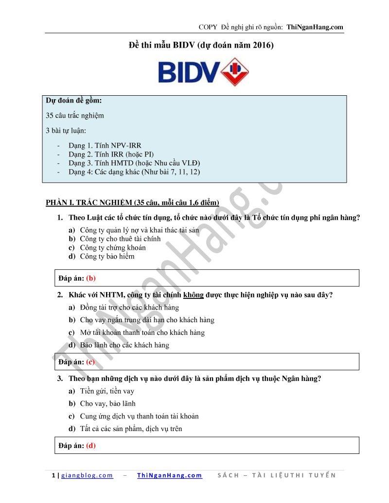 Giải đề thi mẫu - Đề thi BIDV 2016 (KEY)