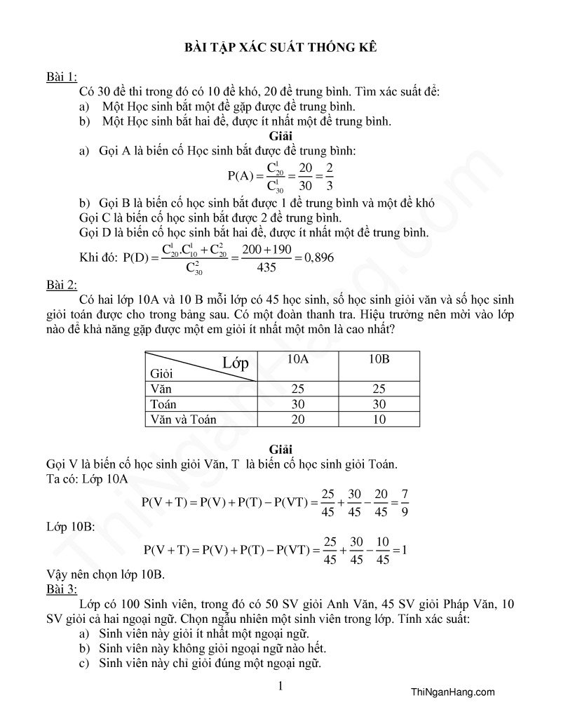 15 Bài Tập Xác Suất Thống Kê Kèm Lời Giải